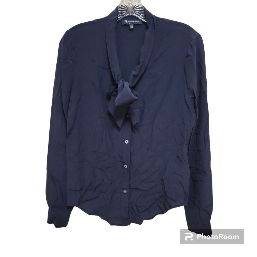 Aquascutum Blouse Silk Long Sleeve Dark Blue Size 2